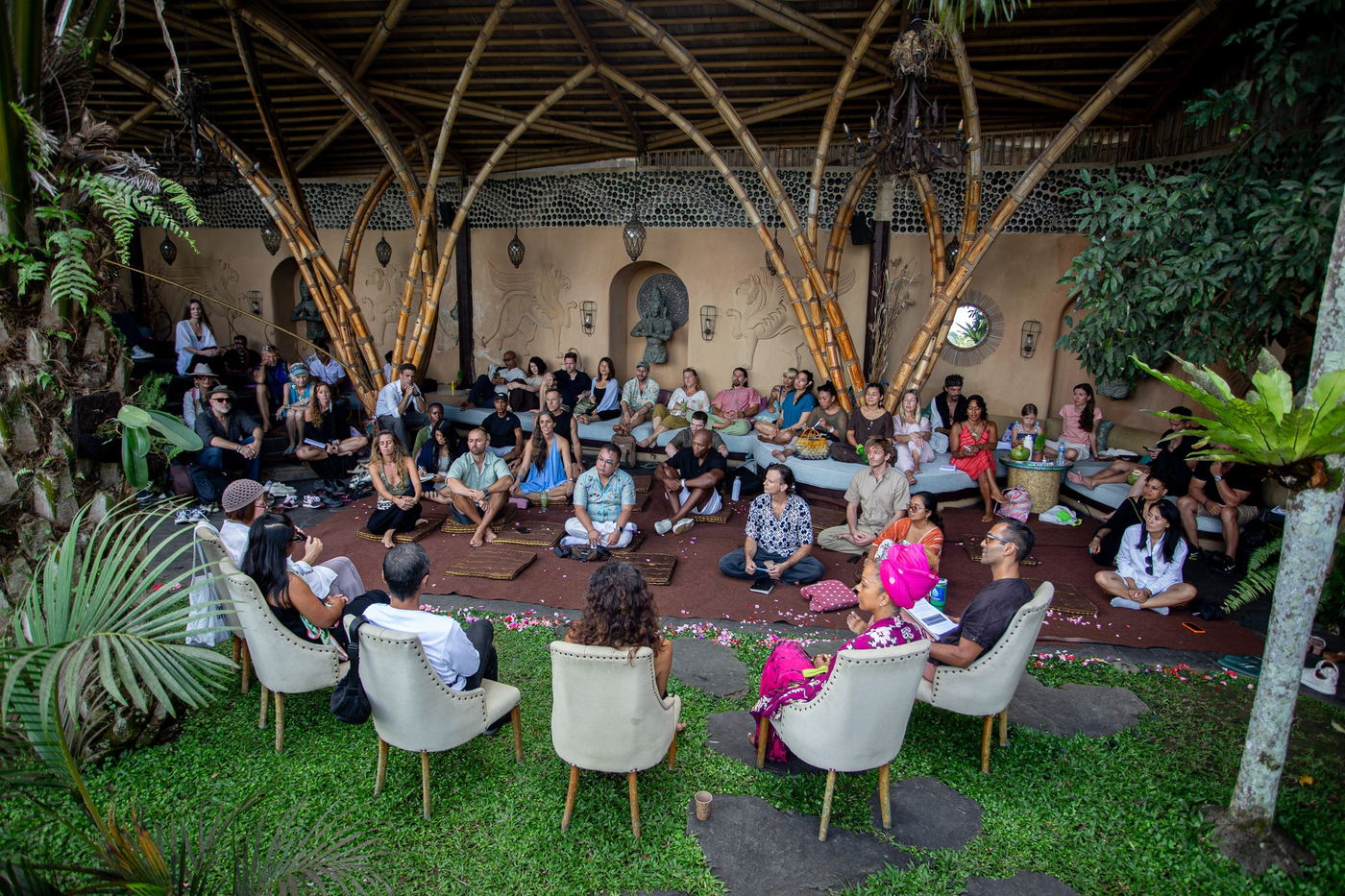 Overhead view of the full gathering circle at Akasha, Ubud